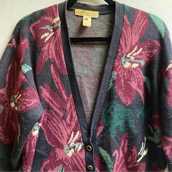 Vintage Jones New York Lambswool button floral sweater cardigan Sz M - Picture 3 of 9